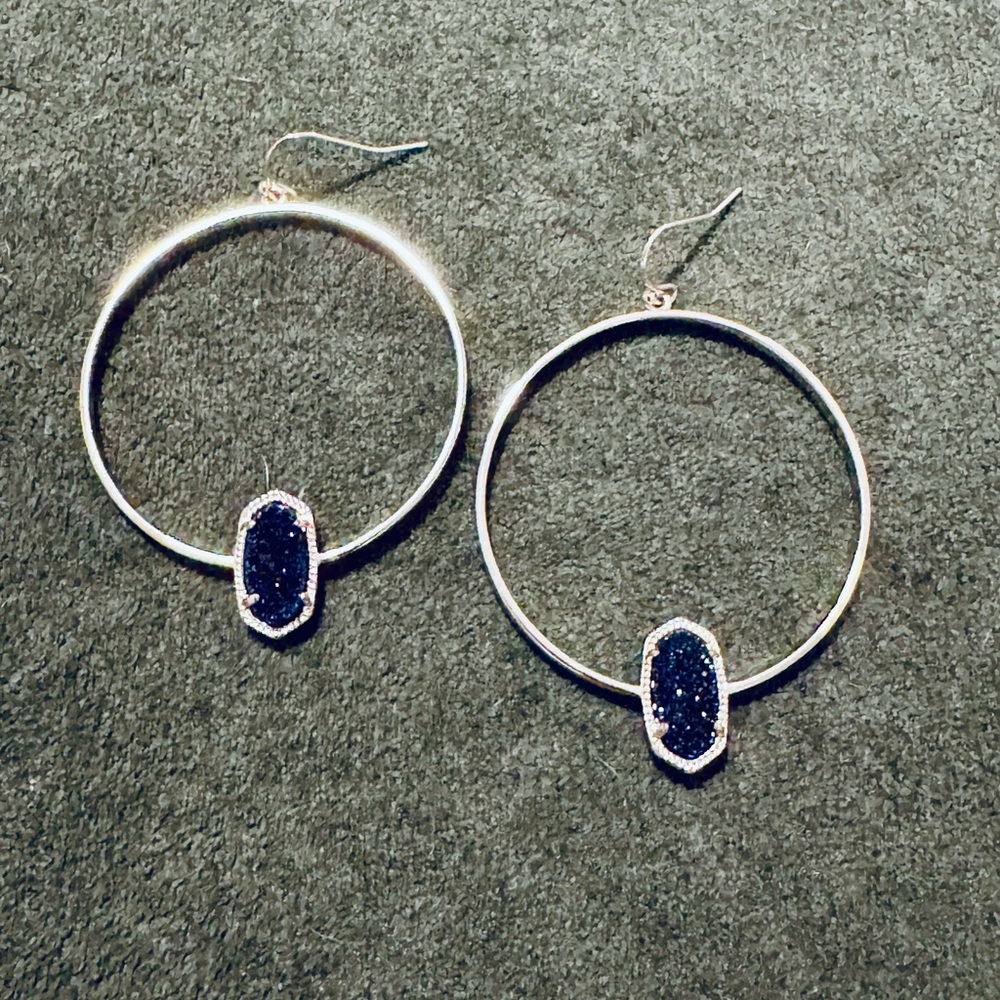 Kendra Scott Silver Hoop Earrings Drusy with Blue Stone